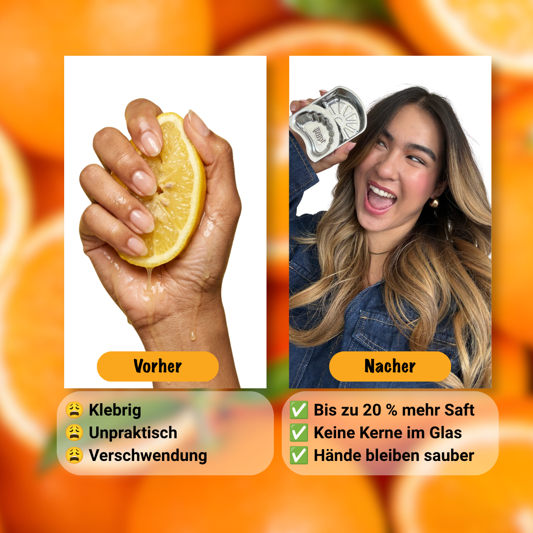 Vorher-Nachher-Vergleich beim Zitronenauspressen: Handpresste Zitrone mit klebrigen Händen gegenüber der Anwendung des Lemoneasy Zitronenschiebers mit sauberer und effizienter Saftgewinnung.