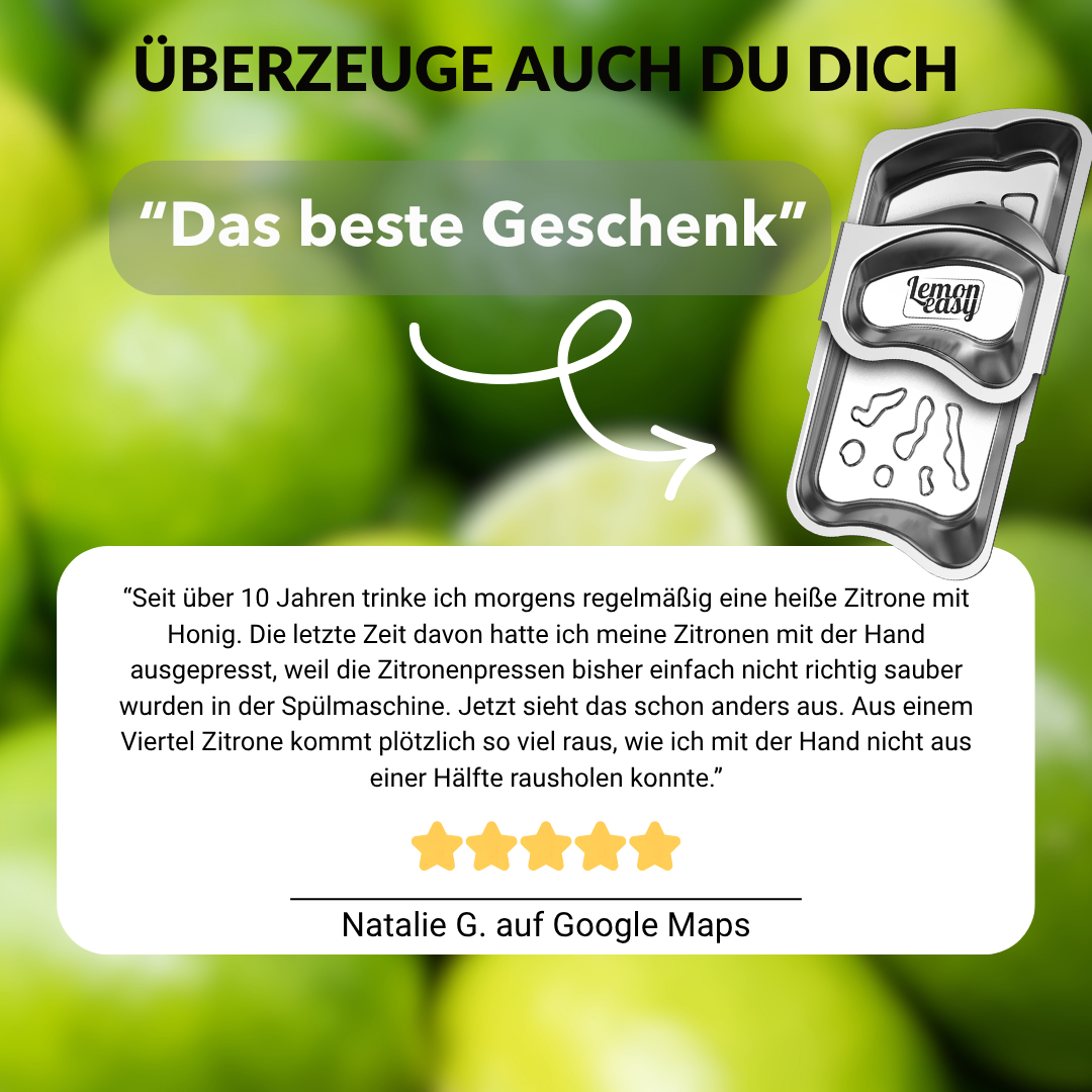 5-Sterne-Kundenbewertung für die Lemoneasy Plus. Die Rezensentin lobt die hohe Saftausbeute, einfache Reinigung und die Möglichkeit, bereits aus einem Zitronenviertel besonders viel Saft zu gewinnen.