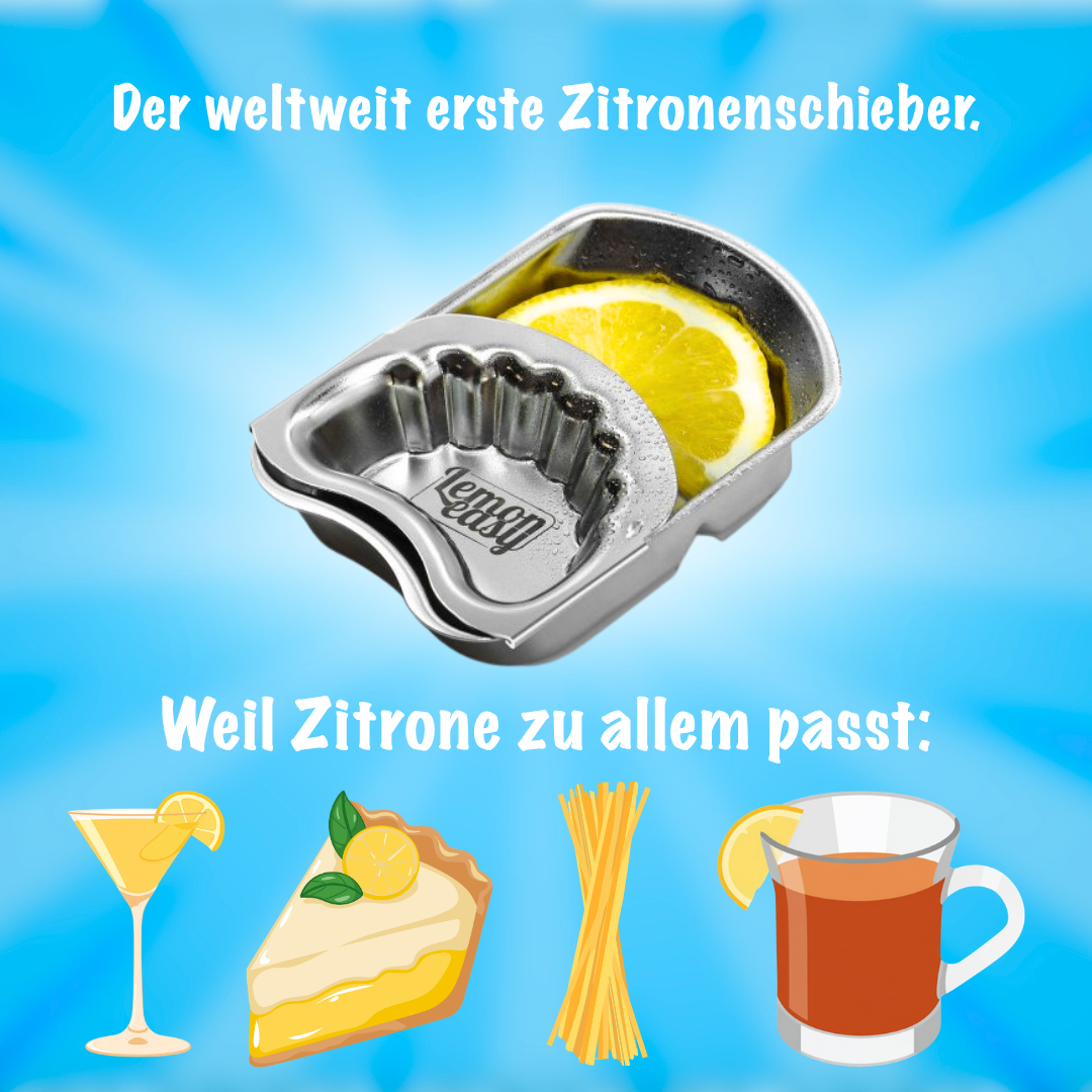 Lemoneasy, der weltweit erste Zitronenschieber aus Edelstahl, mit eingelegter Zitrone. Geeignet für Cocktails, Kuchen, Pasta, Tee und viele weitere Rezepte.