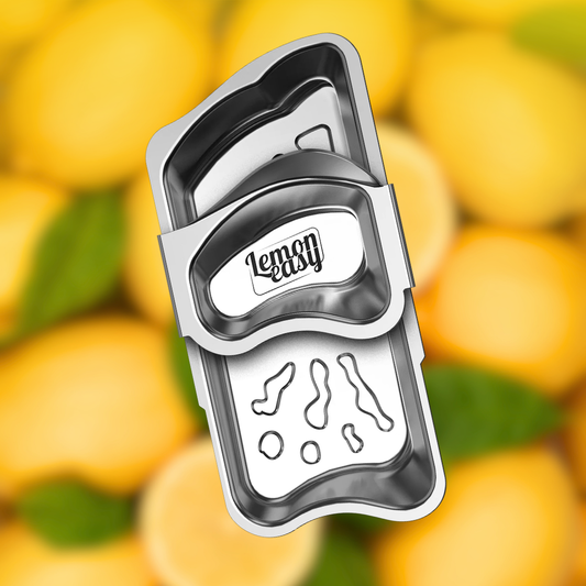 Lemoneasy Plus Zitronenschieber aus Edelstahl mit vergrößerter Presskammer für noch mehr Saft aus Zitronen, Limetten und kleinen Orangen.
