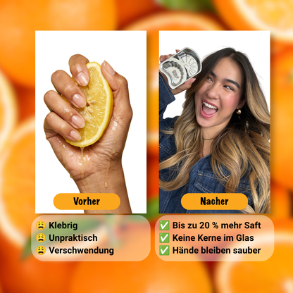 Vorher-Nachher-Vergleich beim Zitronenauspressen: Handpresste Zitrone mit klebrigen Händen gegenüber der Anwendung des Lemoneasy Zitronenschiebers mit sauberer und effizienter Saftgewinnung.