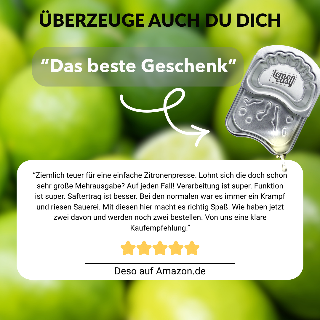 5-Sterne-Kundenbewertung für den Lemoneasy Zitronenschieber aus Edelstahl. Mehr Saft, weniger Sauerei und klare Kaufempfehlung.