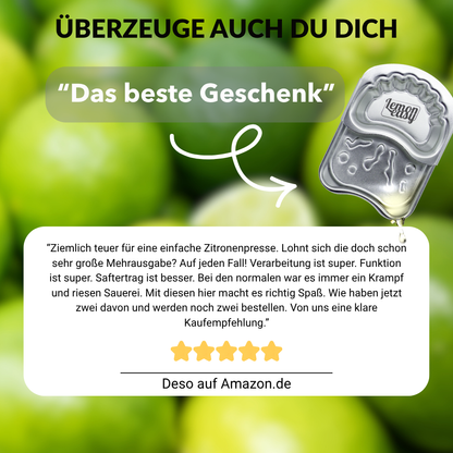 5-Sterne-Kundenbewertung für den Lemoneasy Zitronenschieber aus Edelstahl. Mehr Saft, weniger Sauerei und klare Kaufempfehlung.