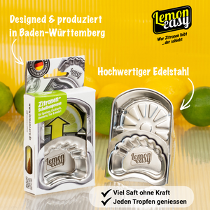 Lemoneasy Zitronenschieber aus hochwertigem Edelstahl, entwickelt und produziert in Baden-Württemberg. Für maximale Saftausbeute bei Zitronen, Limetten und kleinen Orangen.