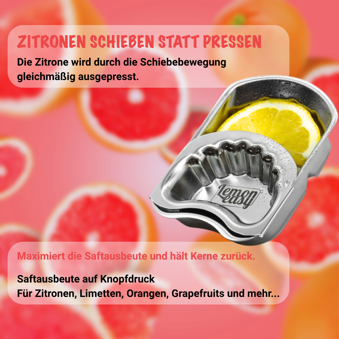 Lemoneasy Zitronenschieber aus Edelstahl mit eingelegter Zitronenscheibe. Die Schiebebewegung sorgt für eine gleichmäßige Saftgewinnung und hält Kerne zuverlässig zurück.