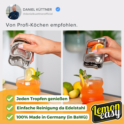 Profi-Koch Daniel Küttner empfiehlt Lemoneasy und Lemoneasy Plus für Cocktails. Frischer Zitronen- und Orangensaft wird direkt ins Getränk gegeben.