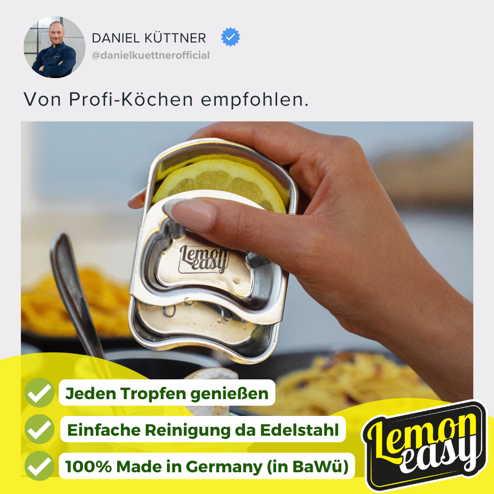 Profi-Koch Daniel Küttner empfiehlt den Lemoneasy Zitronenschieber aus Edelstahl. Frischer Zitronensaft wird direkt über ein Gericht gegeben.