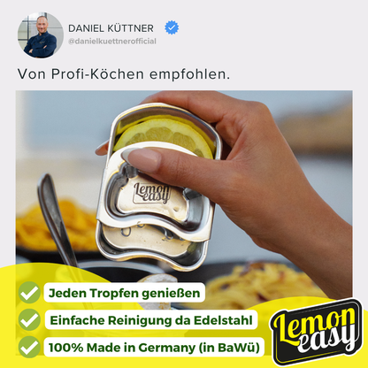 Profi-Koch Daniel Küttner empfiehlt den Lemoneasy Zitronenschieber aus Edelstahl. Frischer Zitronensaft wird direkt über ein Gericht gegeben.