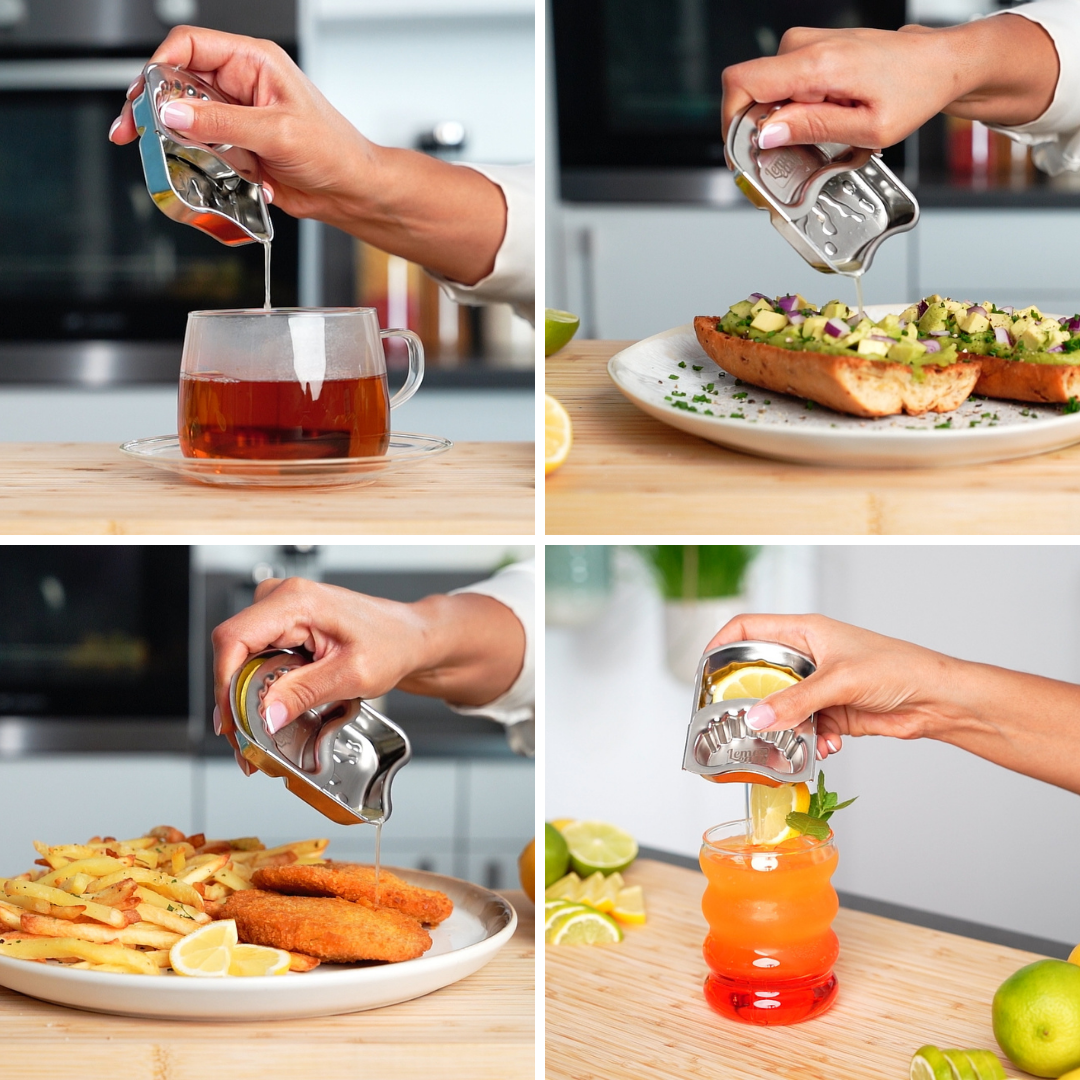 Lemoneasy Zitronenschieber im Einsatz für Tee, Avocado-Toast, Fischgerichte und Cocktails. Frischer Zitronensaft direkt über Speisen und Getränke.
