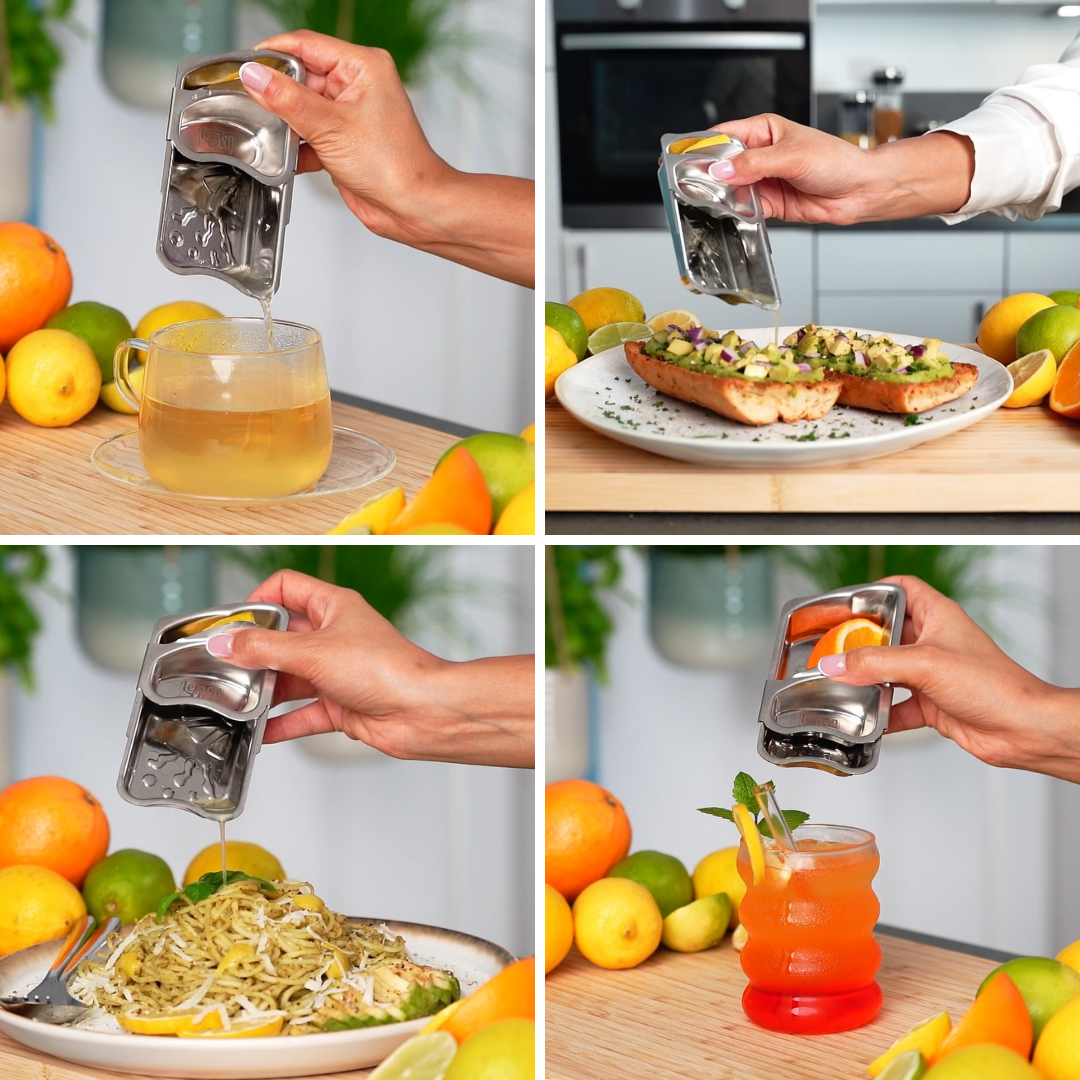 Die Lemoneasy Plus wird für Tee, Avocado-Toast, Pasta und Cocktails verwendet. Frischer Zitronensaft wird direkt über Speisen und Getränke gegeben.