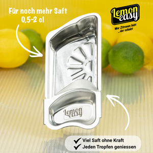 Lemoneasy Plus Zitronenschieber aus Edelstahl mit vergrößerter Presskammer für noch mehr Saft aus Zitronen, Limetten und kleinen Orangen.