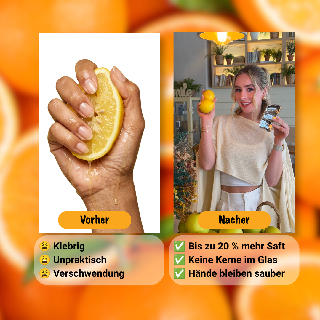 Vorher-Nachher-Vergleich der Lemoneasy Plus: Handgepresste Zitrone mit klebrigen Händen gegenüber einer sauberen und effizienten Saftgewinnung mit dem Zitronenschieber.