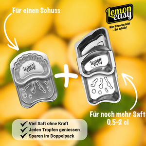 Lemoneasy und Lemoneasy Plus im Doppelpack. Zwei Edelstahl-Zitronenschieber für kleine und große Zitrusfrüchte mit hoher Saftausbeute und einfacher Anwendung.