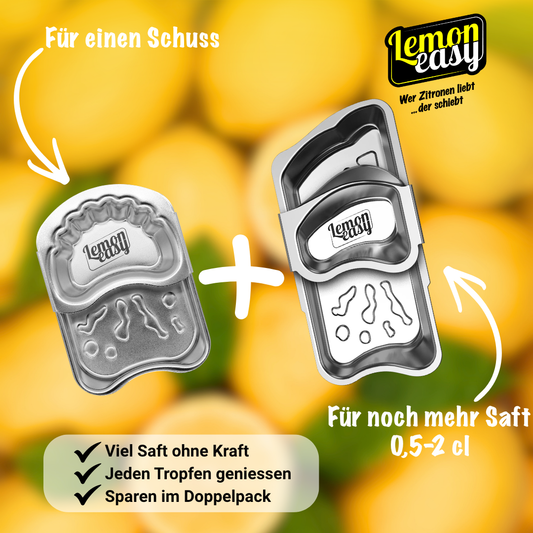Lemoneasy und Lemoneasy Plus im Doppelpack. Zwei Edelstahl-Zitronenschieber für kleine und große Zitrusfrüchte mit hoher Saftausbeute und einfacher Anwendung.